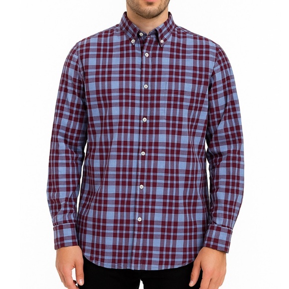 BONOBOS men's plaid casual button up 100% cotton Maroon and pale Blue slim fit L - Picture 1 of 7